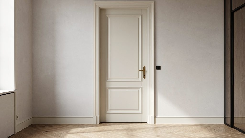 Porte fermée avec poignée laiton, parquet en chevrons