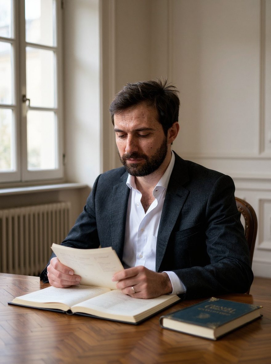 Maître Thomas Vauquelin, étude d'un dossier pénal à son bureau