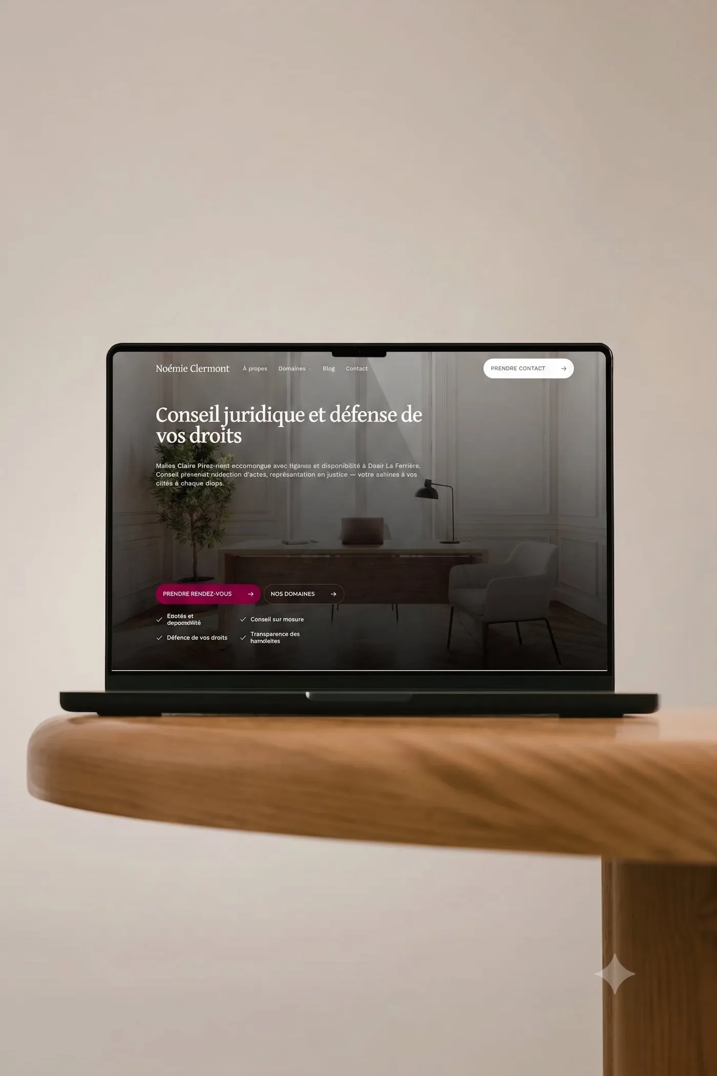Un ordinateur portable posé sur une étagère, affichant un site d’avocat