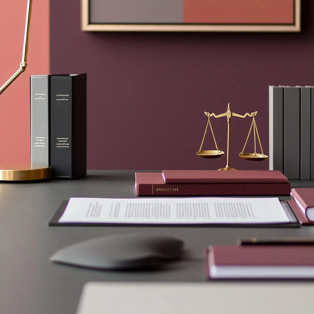 Une balance de justice et des ouvrages de droit sur fond bordeaux