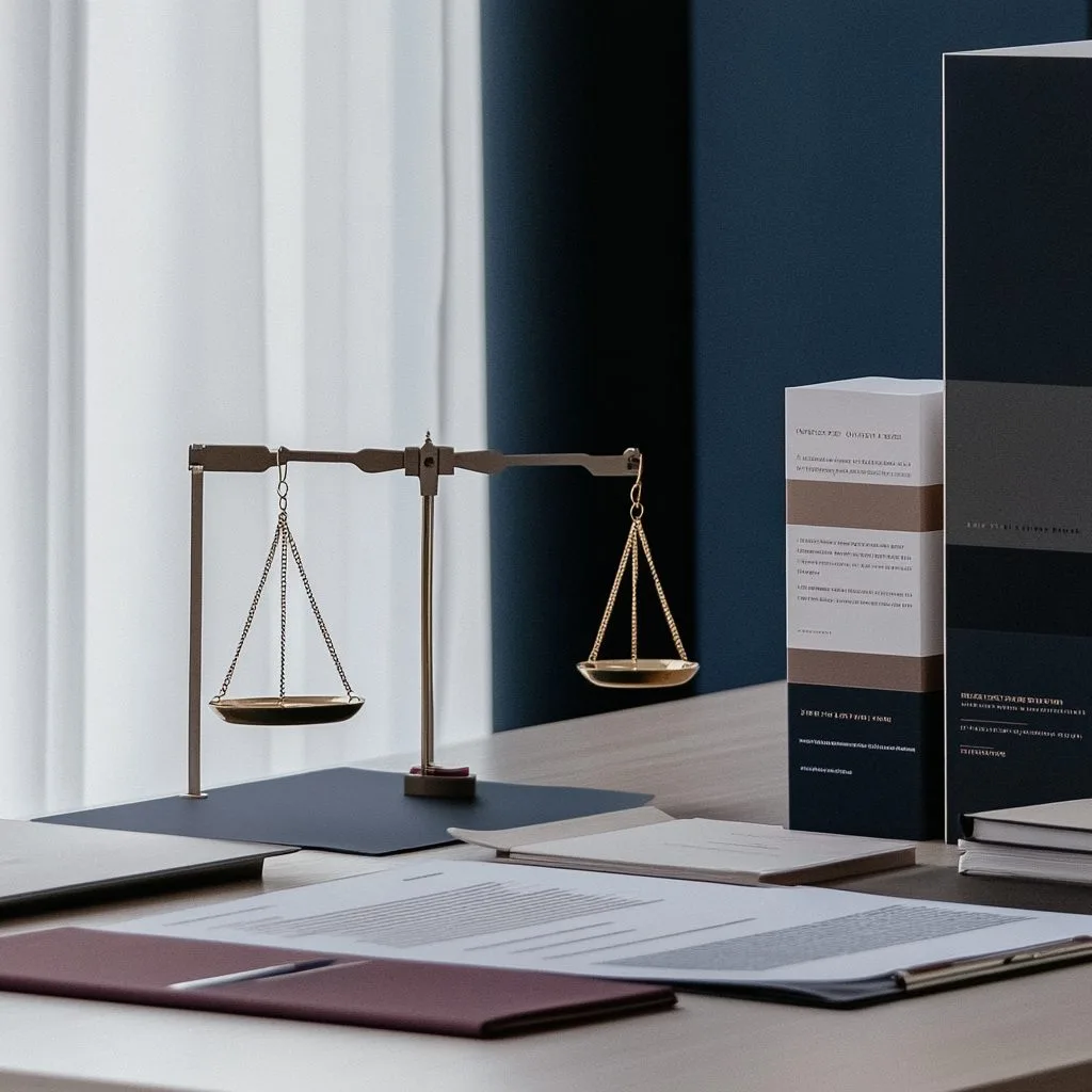 Une balance de justice et des dossiers sur fond bleu marine