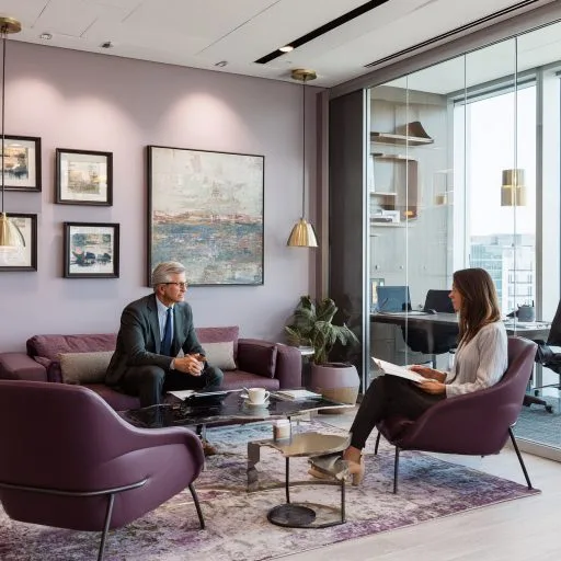 Un entretien dans un salon d'attente aux fauteuils violets